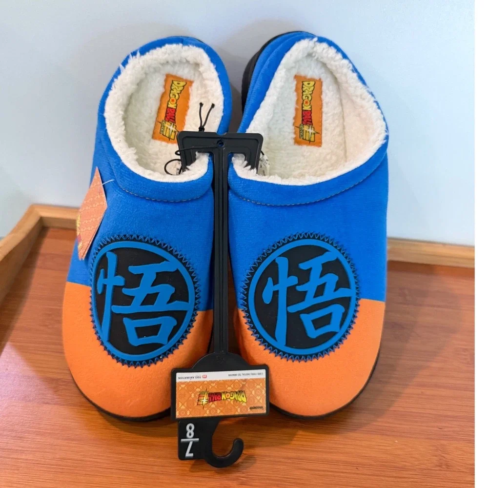 Dragon Ball Super Goku Slippers Mens 7-8 Blue Orange Kanji Faux Fur House Shoes